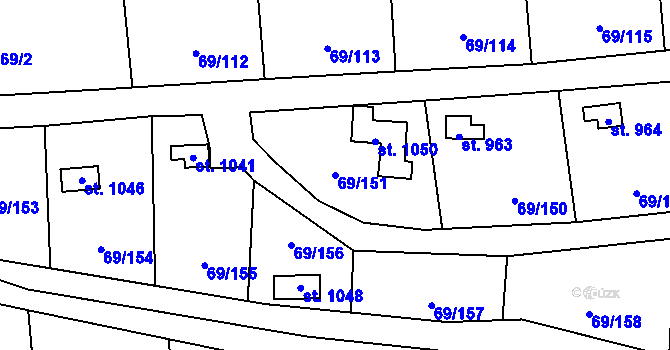Parcela st. 69/151 v KÚ Hnidousy, Katastrální mapa