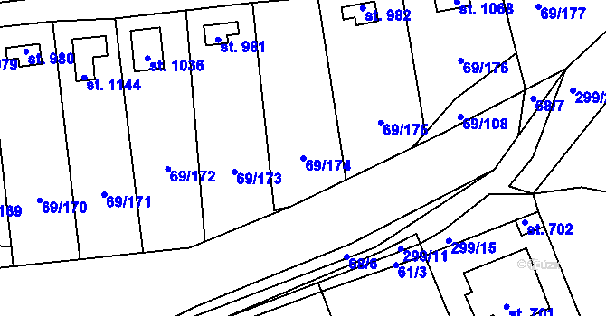 Parcela st. 69/174 v KÚ Hnidousy, Katastrální mapa