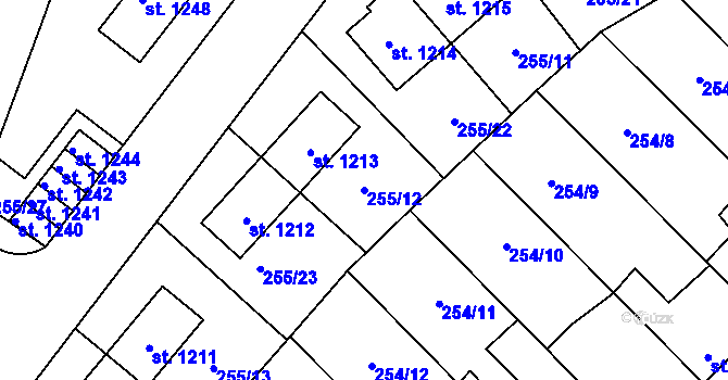 Parcela st. 255/12 v KÚ Hnidousy, Katastrální mapa