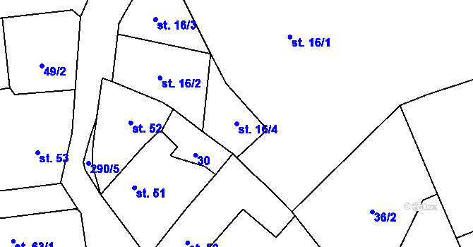 Parcela st. 16/4 v KÚ Hnidousy, Katastrální mapa