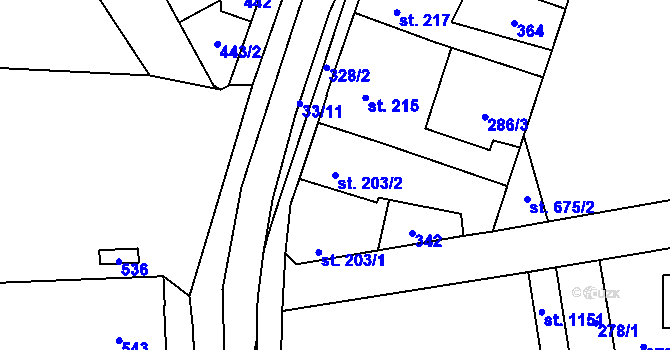 Parcela st. 203/2 v KÚ Hnidousy, Katastrální mapa