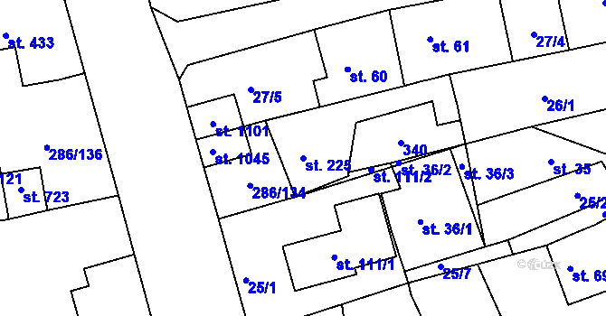 Parcela st. 225 v KÚ Hnidousy, Katastrální mapa