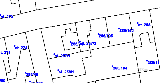 Parcela st. 257/2 v KÚ Hnidousy, Katastrální mapa