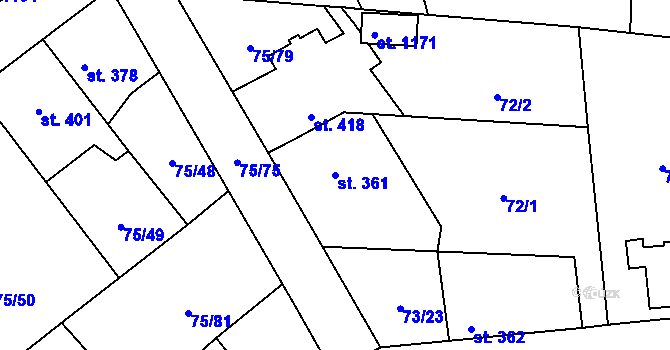 Parcela st. 361 v KÚ Hnidousy, Katastrální mapa
