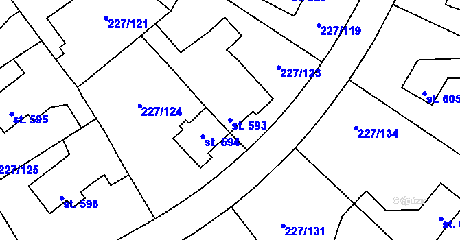 Parcela st. 593 v KÚ Hnidousy, Katastrální mapa