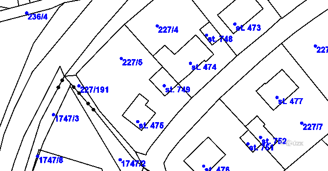 Parcela st. 749 v KÚ Hnidousy, Katastrální mapa
