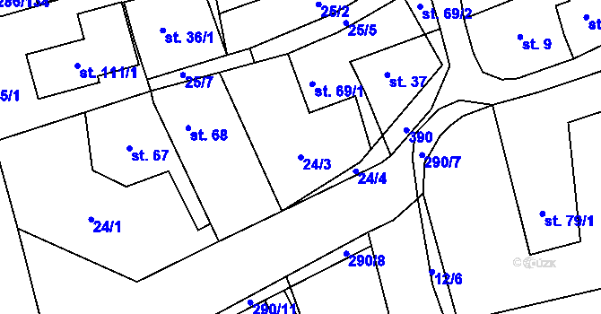 Parcela st. 24/3 v KÚ Hnidousy, Katastrální mapa