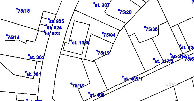 Parcela st. 75/19 v KÚ Hnidousy, Katastrální mapa