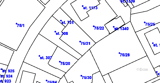 Parcela st. 75/21 v KÚ Hnidousy, Katastrální mapa