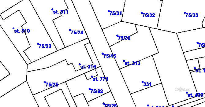 Parcela st. 75/45 v KÚ Hnidousy, Katastrální mapa