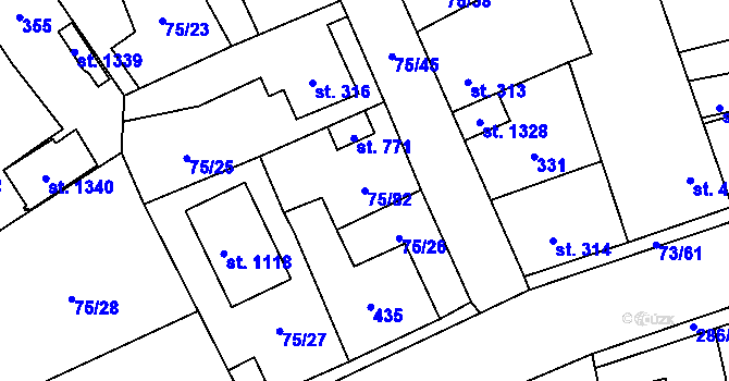 Parcela st. 75/82 v KÚ Hnidousy, Katastrální mapa