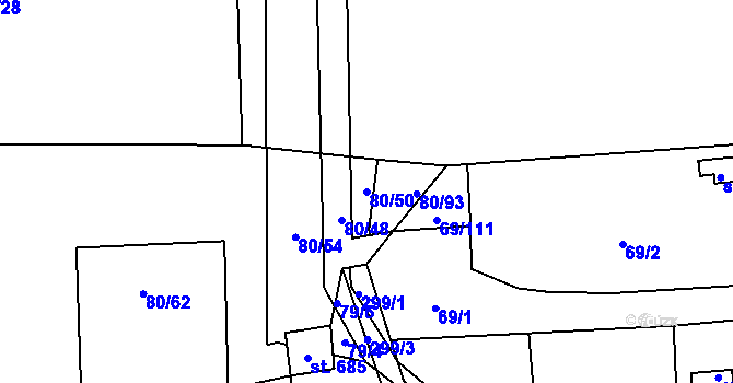 Parcela st. 80/50 v KÚ Hnidousy, Katastrální mapa