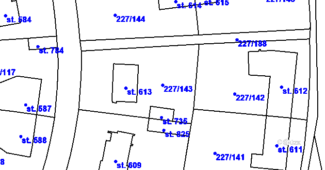 Parcela st. 227/143 v KÚ Hnidousy, Katastrální mapa