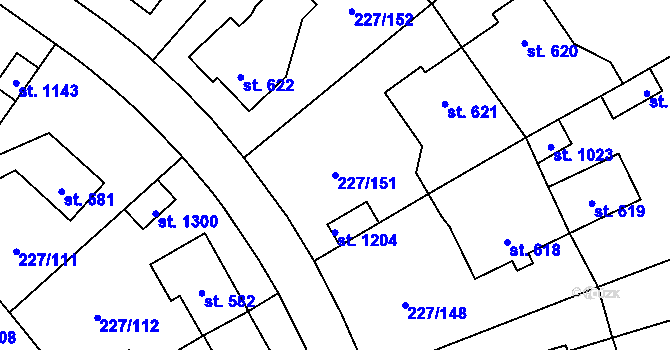 Parcela st. 227/151 v KÚ Hnidousy, Katastrální mapa