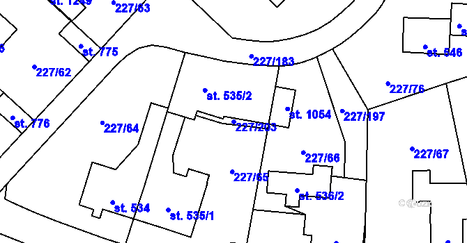 Parcela st. 227/203 v KÚ Hnidousy, Katastrální mapa