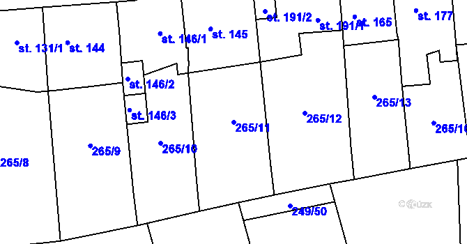 Parcela st. 265/11 v KÚ Hnidousy, Katastrální mapa