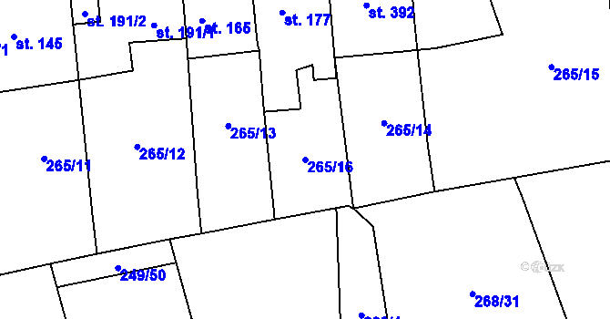 Parcela st. 265/16 v KÚ Hnidousy, Katastrální mapa