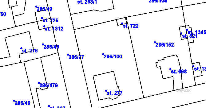 Parcela st. 286/100 v KÚ Hnidousy, Katastrální mapa