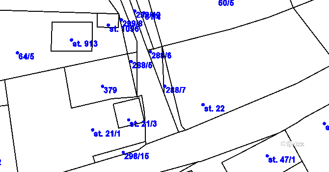 Parcela st. 288/7 v KÚ Hnidousy, Katastrální mapa