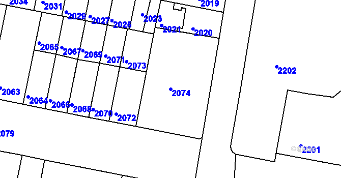Parcela st. 2074 v KÚ Tábor, Katastrální mapa