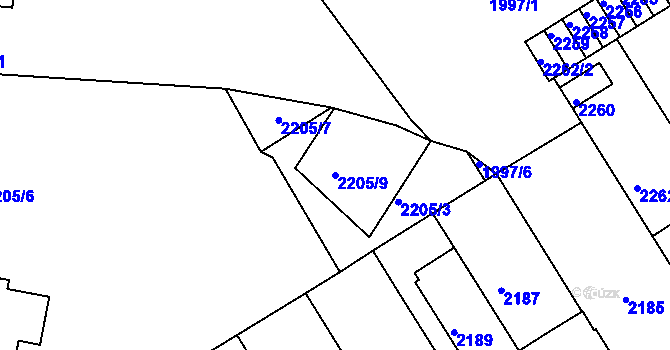 Parcela st. 2205/9 v KÚ Tábor, Katastrální mapa