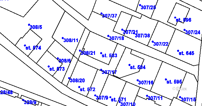 Parcela st. 583 v KÚ Tanvald, Katastrální mapa