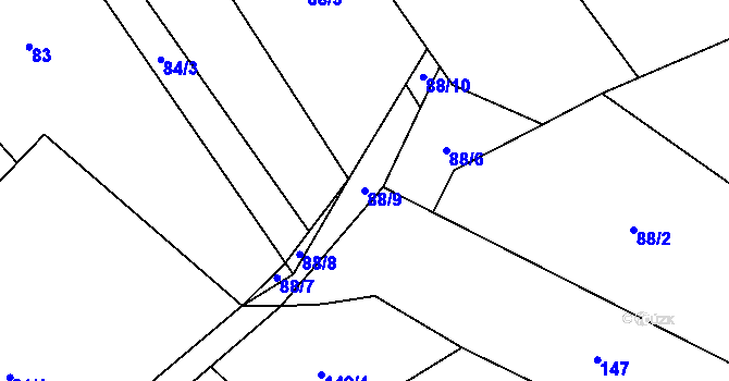 Parcela st. 88/9 v KÚ Žlábek, Katastrální mapa