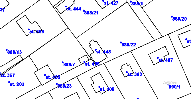 Parcela st. 445 v KÚ Tehovec, Katastrální mapa