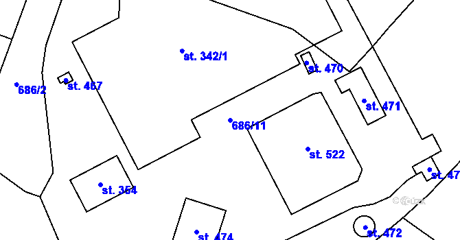 Parcela st. 686/11 v KÚ Tehovec, Katastrální mapa