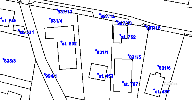 Parcela st. 831/1 v KÚ Tehovec, Katastrální mapa