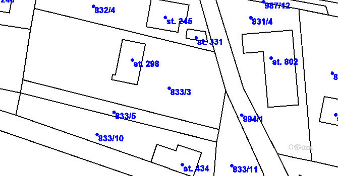 Parcela st. 833/3 v KÚ Tehovec, Katastrální mapa