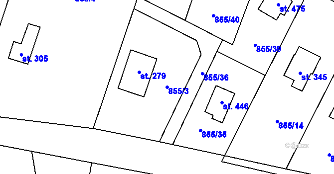 Parcela st. 855/3 v KÚ Tehovec, Katastrální mapa