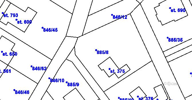 Parcela st. 885/8 v KÚ Tehovec, Katastrální mapa