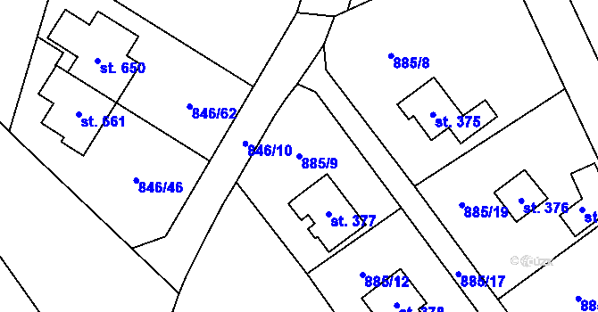 Parcela st. 885/9 v KÚ Tehovec, Katastrální mapa