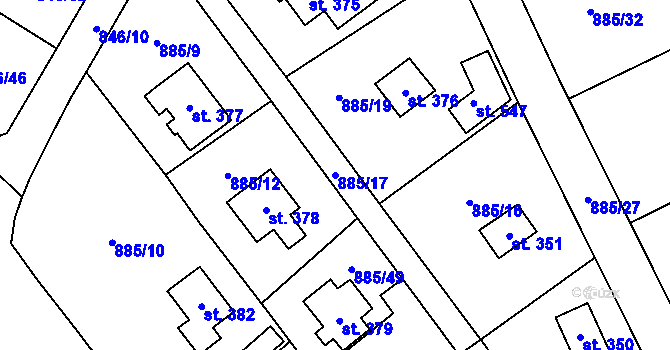 Parcela st. 885/17 v KÚ Tehovec, Katastrální mapa