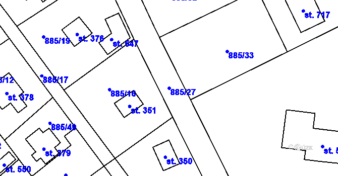 Parcela st. 885/27 v KÚ Tehovec, Katastrální mapa