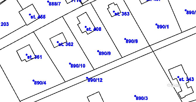 Parcela st. 890/9 v KÚ Tehovec, Katastrální mapa