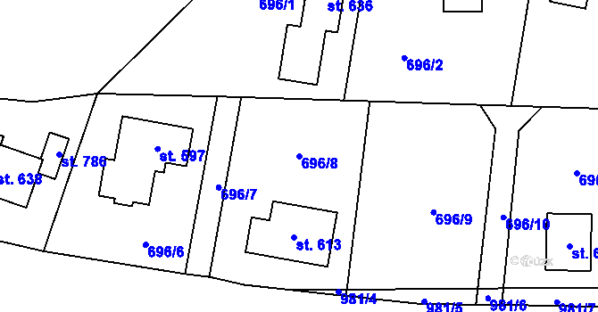 Parcela st. 696/8 v KÚ Tehovec, Katastrální mapa