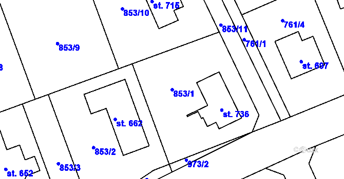 Parcela st. 853/1 v KÚ Tehovec, Katastrální mapa