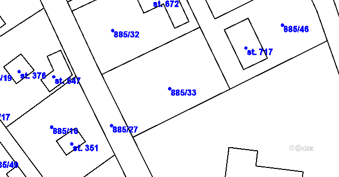 Parcela st. 885/33 v KÚ Tehovec, Katastrální mapa