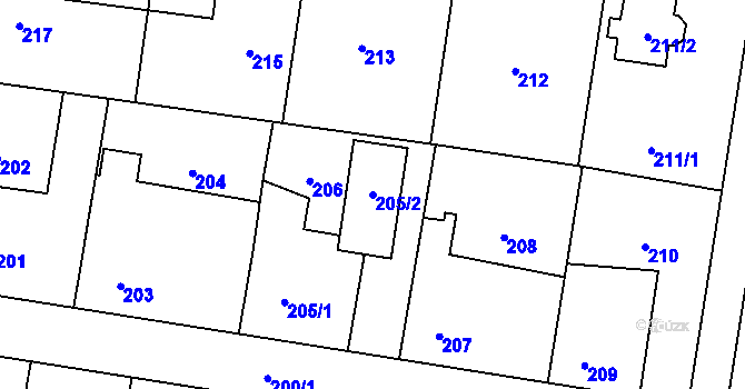 Parcela st. 205/2 v KÚ Těchlovice u Hradce Králové, Katastrální mapa