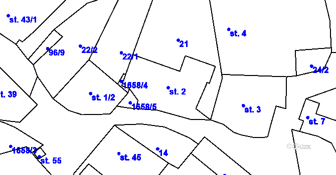 Parcela st. 2 v KÚ Těchonice, Katastrální mapa