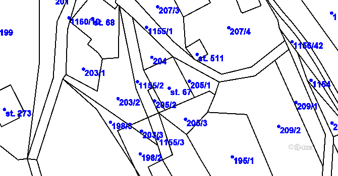 Parcela st. 67 v KÚ Těchonín, Katastrální mapa