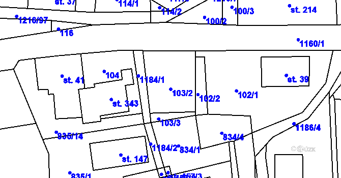 Parcela st. 103/2 v KÚ Těchonín, Katastrální mapa