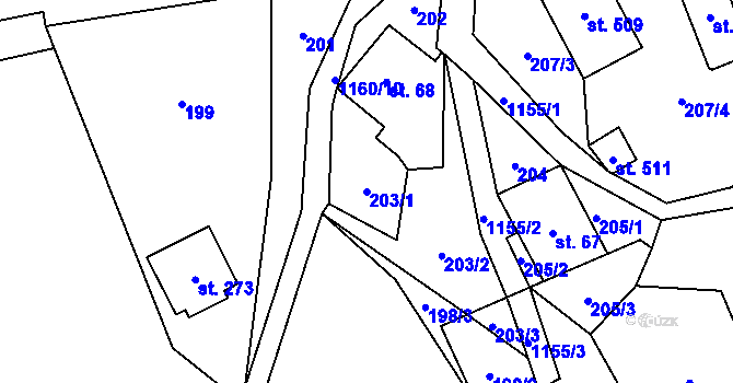 Parcela st. 203/1 v KÚ Těchonín, Katastrální mapa