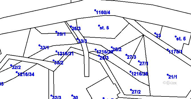 Parcela st. 1216/29 v KÚ Těchonín, Katastrální mapa