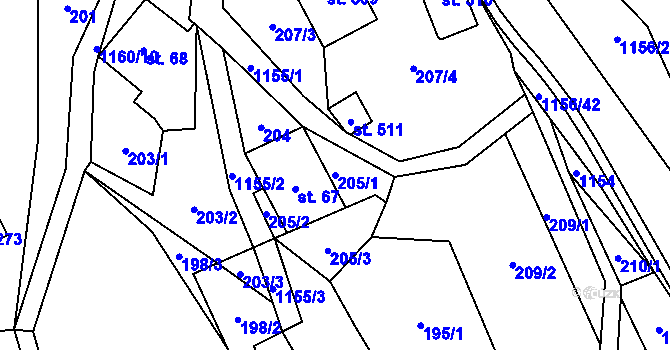 Parcela st. 205/1 v KÚ Těchonín, Katastrální mapa