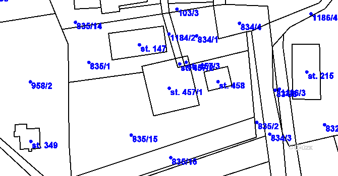 Parcela st. 457/1 v KÚ Těchonín, Katastrální mapa