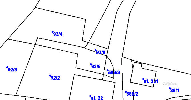 Parcela st. 93/8 v KÚ Těchonín, Katastrální mapa