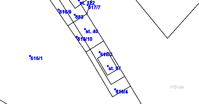 Parcela st. 616/3 v KÚ Těchoraz, Katastrální mapa